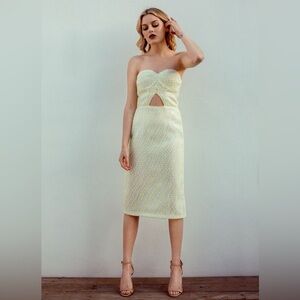 Strapless Midi Dress in Off white/Neon Green.